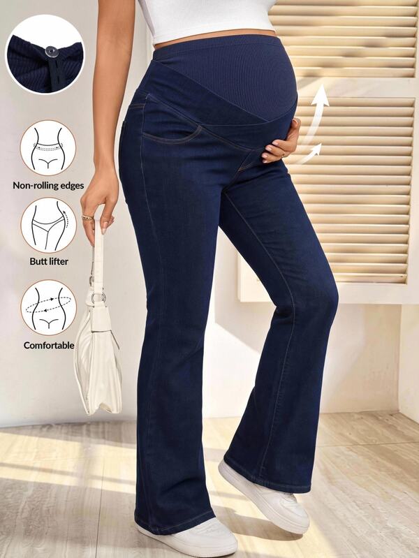 SHEIN Maternity Adjustable Waistband Pocket Casual Business Casual Flare Jeans , Going Out Gender Reveal Work For Women Travel Navy Blue