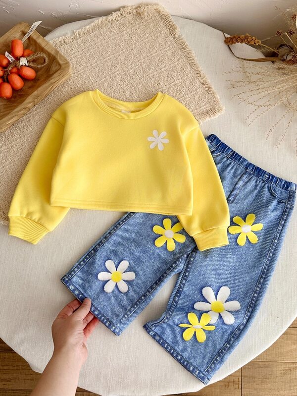 LMoss Kids Conjunto de 2 piezas para bebé niña, sudadera amarilla de manga larga y pantalones largos con cintura elástica, estilo lindo para otoño/invierno