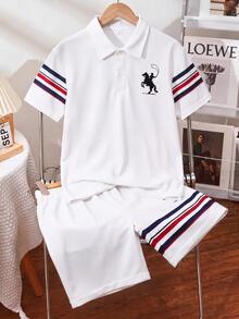 SHEIN Kids Tween Boy Casual Comfortable Fashion Minimalist Crew Neck Short Sleeve T-Shirt & Shorts Set, Classic Campus Style, Cool Striped Pattern Print, Super Silhouette Knight Pony Logo Print, Suitable For Spring/Summer - White - View 6