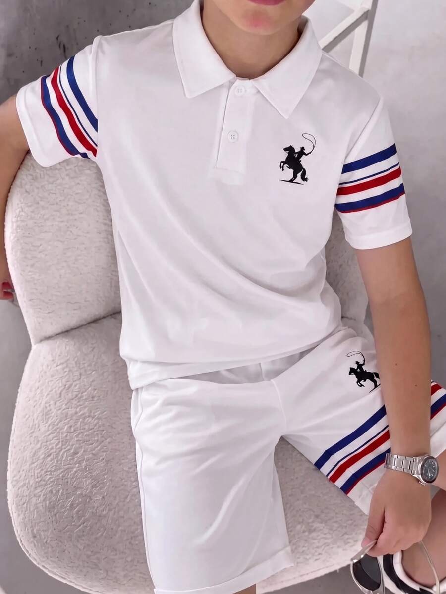 SHEIN Kids Tween Boy Casual Comfortable Fashion Minimalist Crew Neck Short Sleeve T-Shirt & Shorts Set, Classic Campus Style, Cool Striped Pattern Print, Super Silhouette Knight Pony Logo Print, Suitable For Spring/Summer - White - View 1