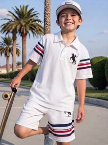 SHEIN Kids Tween Boy Casual Comfortable Fashion Minimalist Crew Neck Short Sleeve T-Shirt & Shorts Set, Classic Campus Style, Cool Striped Pattern Print, Super Silhouette Knight Pony Logo Print, Suitable For Spring/Summer - White - View 5