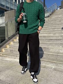 Manfinity Homme Men's Solid Color Plain Textured Cable Knit Casual Long Sleeve Sweater, Sweater For Office, Friends, Fall/Winter - Green - View 6
