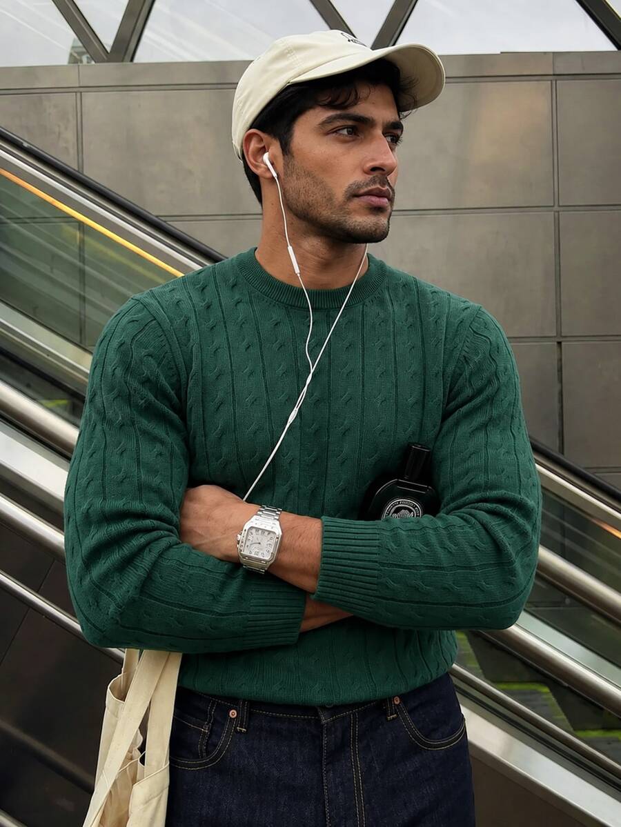 Manfinity Homme Men's Solid Color Plain Textured Cable Knit Casual Long Sleeve Sweater, Sweater For Office, Friends, Fall/Winter - Green - View 1