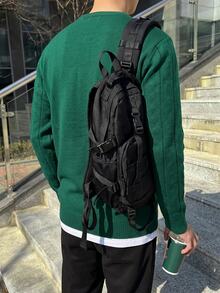 Manfinity Homme Men's Solid Color Plain Textured Cable Knit Casual Long Sleeve Sweater, Sweater For Office, Friends, Fall/Winter - Green - View 2
