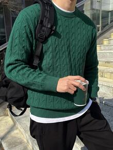 Manfinity Homme Men's Solid Color Plain Textured Cable Knit Casual Long Sleeve Sweater, Sweater For Office, Friends, Fall/Winter - Green - View 7