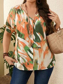 EMERY ROSE Plus Size Allover Print Short Sleeve Casual Vacation Blouse,Boho For Women/Summer,Vacation - Orange - View 6