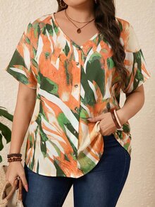 EMERY ROSE Plus Size Allover Print Short Sleeve Casual Vacation Blouse,Boho For Women/Summer,Vacation - Orange - View 1