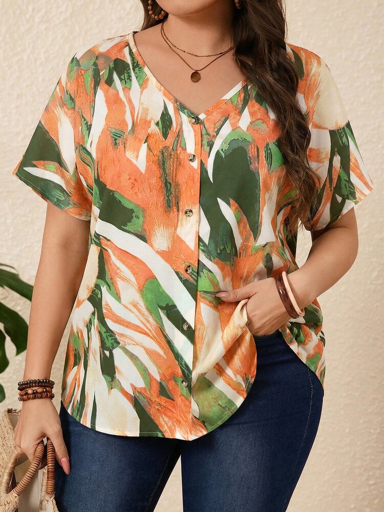 EMERY ROSE Plus Size Allover Print Short Sleeve Casual Vacation Blouse,Boho For Women/Summer,Vacation - Orange - View 1