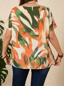 EMERY ROSE Plus Size Allover Print Short Sleeve Casual Vacation Blouse,Boho For Women/Summer,Vacation - Orange - View 2
