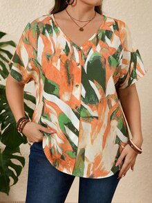 EMERY ROSE Plus Size Allover Print Short Sleeve Casual Vacation Blouse,Boho For Women/Summer,Vacation - Orange - View 4