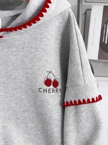 SHEIN Tween女孩秋冬櫻桃字母印花可愛休閒Y2K保暖內裡長袖連帽衛衣，校園風長袖衛衣 - 灰色 - 查看 3