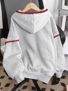SHEIN Tween女孩秋冬櫻桃字母印花可愛休閒Y2K保暖內裡長袖連帽衛衣，校園風長袖衛衣 - 灰色 - 查看 2
