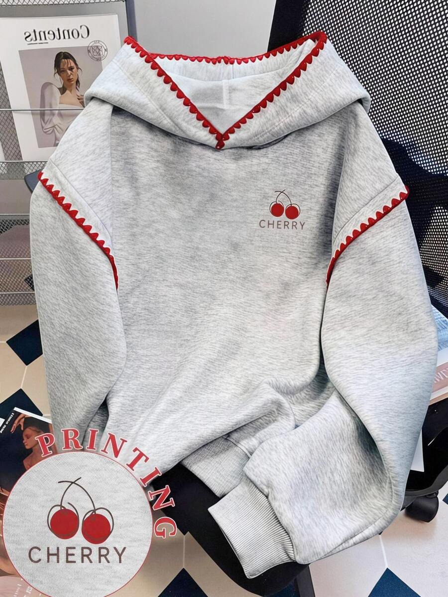 SHEIN Tween女孩秋冬櫻桃字母印花可愛休閒Y2K保暖內裡長袖連帽衛衣,校園風長袖衛衣 - 灰色 - 查看 1