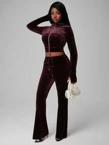 Nooralise Women's Velvet Rhinestone Long Sleeve Set - Brown - View 5