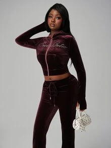 Nooralise Women's Velvet Rhinestone Long Sleeve Set - Brown - View 6