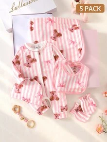 SHEIN 5組可愛新生兒嬰兒禮品套裝 粉色條紋長袖連身衣 包巾 帽子 手套 圍兜 柔軟 中性款 秋冬 - 粉色 - 查看 4