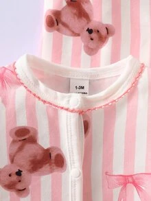 SHEIN 5組可愛新生兒嬰兒禮品套裝 粉色條紋長袖連身衣 包巾 帽子 手套 圍兜 柔軟 中性款 秋冬 - 粉色 - 查看 7