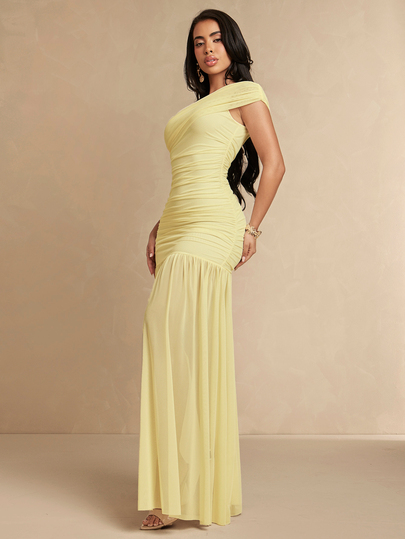 Silquee Elegant Pale Yellow One-Shoulder Ruched Mesh Party Dress Summer Elegant Casual Luxury Formal Festival Party Beach Dress