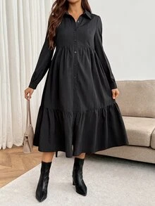 SHEIN Maternity Solid Color Long Sleeve Single-Breasted Ruffle Hem Casual Shirt Dress Fall - Black - View 6