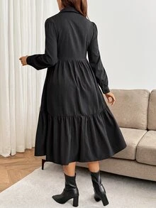 SHEIN Maternity Solid Color Long Sleeve Single-Breasted Ruffle Hem Casual Shirt Dress Fall - Black - View 5
