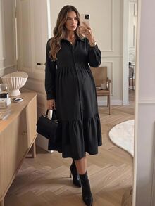SHEIN Maternity Solid Color Long Sleeve Single-Breasted Ruffle Hem Casual Shirt Dress Fall - Black - View 3