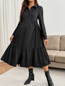 SHEIN Maternity Solid Color Long Sleeve Single-Breasted Ruffle Hem Casual Shirt Dress Fall - Black - View 10