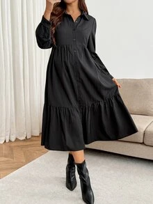 SHEIN Maternity Solid Color Long Sleeve Single-Breasted Ruffle Hem Casual Shirt Dress Fall - Black - View 8
