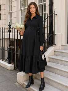 SHEIN Maternity Solid Color Long Sleeve Single-Breasted Ruffle Hem Casual Shirt Dress Fall - Black - View 4