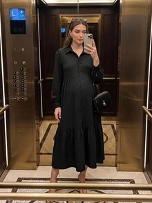 SHEIN Maternity Solid Color Long Sleeve Single-Breasted Ruffle Hem Casual Shirt Dress Fall - Black - View 2