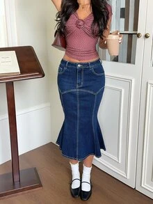 Rivivi 高彈性美人魚牛仔長裙 - 寶藍色 - 查看 6