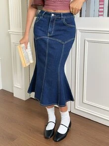 Rivivi 高彈性美人魚牛仔長裙 - 寶藍色 - 查看 3