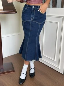 Rivivi 高彈性美人魚牛仔長裙 - 寶藍色 - 查看 5