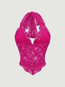 ROMWE Fairycore Women's Sexy Lace Backless Halter Tank Top - Hot Pink - View 2