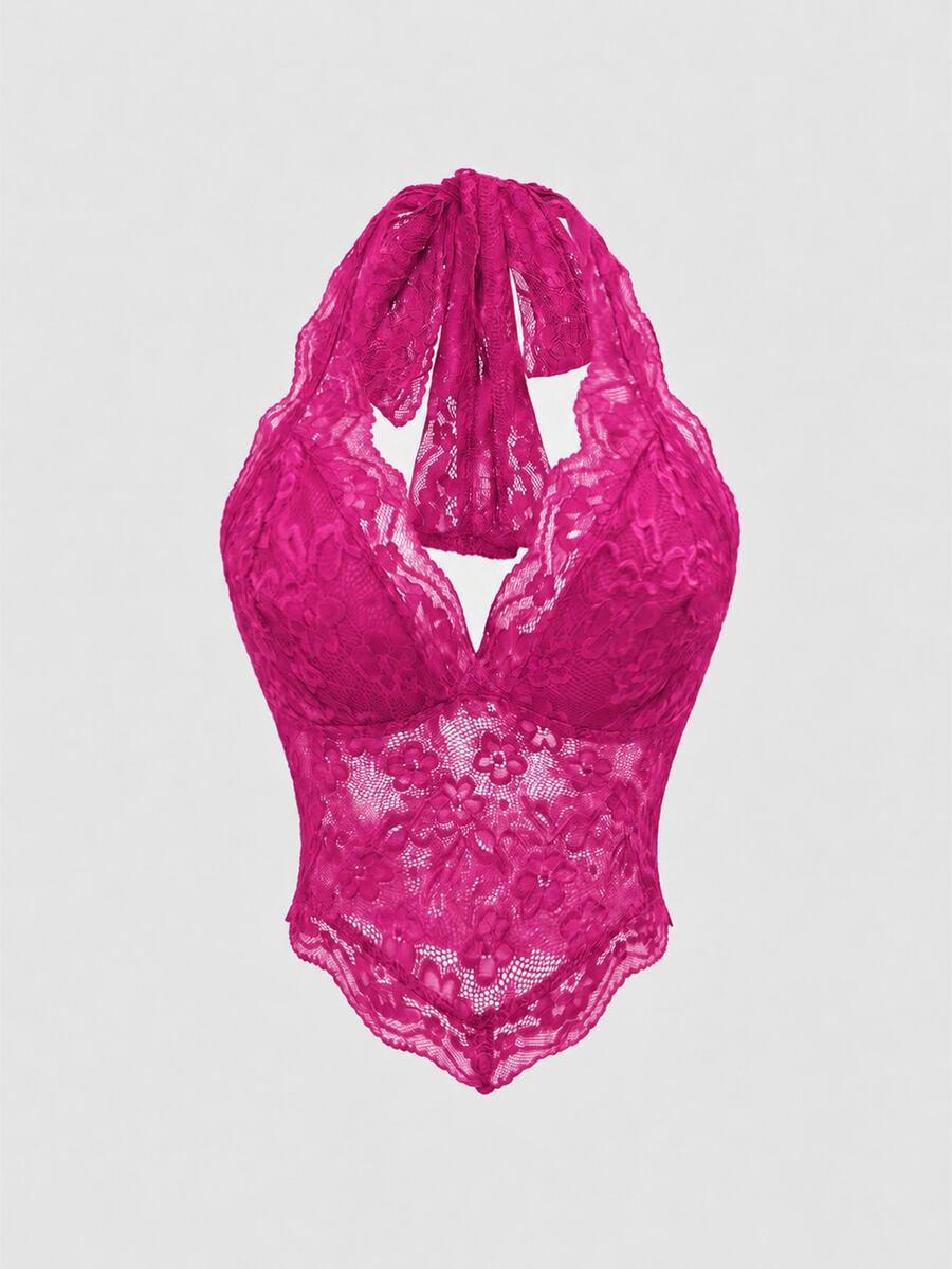 ROMWE Fairycore Women's Sexy Lace Backless Halter Tank Top - Hot Pink - View 1