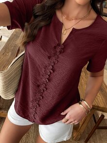 Louniche Blus Wanita Kasual untuk Liburan, Leher Bulat, Potongan, Motif Bunga 3D, Lengan Pendek, Longgar, Musim Semi/Panas - Rust Brown - View 5