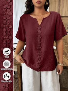 Louniche Blus Wanita Kasual untuk Liburan, Leher Bulat, Potongan, Motif Bunga 3D, Lengan Pendek, Longgar, Musim Semi/Panas - Rust Brown - View 3