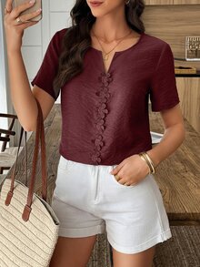 Louniche Blus Wanita Kasual untuk Liburan, Leher Bulat, Potongan, Motif Bunga 3D, Lengan Pendek, Longgar, Musim Semi/Panas - Rust Brown - View 6