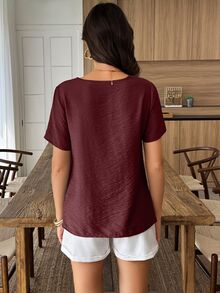 Louniche Blus Wanita Kasual untuk Liburan, Leher Bulat, Potongan, Motif Bunga 3D, Lengan Pendek, Longgar, Musim Semi/Panas - Rust Brown - View 2