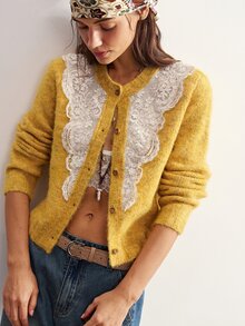 Bohemela 復古浪漫優雅圓領蕾絲拼接針織開襟衫 早午餐穿搭 芥末黃 秋季 - 黃色 - 查看 3