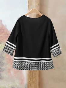 Rusticease Women's Autumn/Winter Casual Loose Fit Round Neck 3/4 Sleeve Shirt With All-Over Geometric Print - Black and Gold - View 2