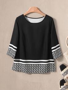 Rusticease Women's Autumn/Winter Casual Loose Fit Round Neck 3/4 Sleeve Shirt With All-Over Geometric Print - Black and Gold - View 3