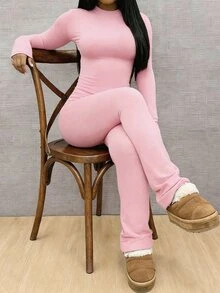 SHEIN Sparklyn 1套隨機純色圓領長袖修身T恤與長褲休閒套裝，適合青少年女孩，秋季，極簡風，舒適，日常穿著 - 粉色 - 查看 2