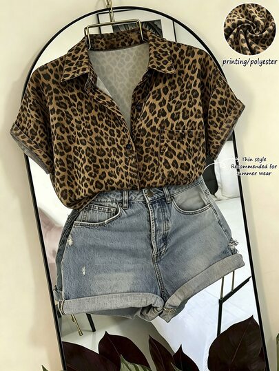 SHEIN Franclia Áo sơ mi nữ thanh lịch với họa tiết da báo, vạt áo bất đối xứng, thích hợp cho kỳ nghỉ và đi làm.