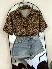 SHEIN Franclia Elegant Leopard Print Asymmetrical Hem Casual Vacation & Commute Women Shirt - Brown - View 5
