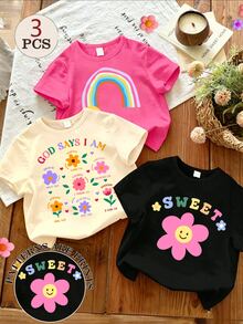 Souflis Souflis 3件組女嬰多巴胺韓系短袖T恤套裝，彩色花卉與字母印花圓領薄款上衣，適合外出、上學、生日、春季、夏季、初秋 - 彩色 - 查看 5