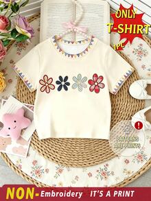 Girls Toddler Creative Fashion 4 Small Flowers Polka Dot Plaid Pattern Printed Basic Short Sleeve T-Shirt, Comfortable Summer Daily Outfit - Multicolor - View 1