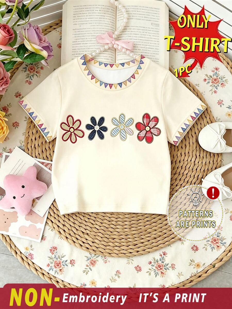 Girls Toddler Creative Fashion 4 Small Flowers Polka Dot Plaid Pattern Printed Basic Short Sleeve T-Shirt, Comfortable Summer Daily Outfit - Multicolor - View 1