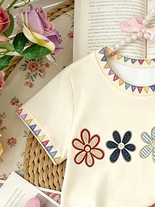 Girls Toddler Creative Fashion 4 Small Flowers Polka Dot Plaid Pattern Printed Basic Short Sleeve T-Shirt, Comfortable Summer Daily Outfit - Multicolor - View 5
