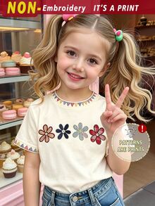 Girls Toddler Creative Fashion 4 Small Flowers Polka Dot Plaid Pattern Printed Basic Short Sleeve T-Shirt, Comfortable Summer Daily Outfit - Multicolor - View 3