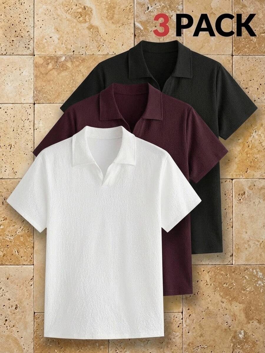 HIMLAND 男士 Polo 衫 3 件組 短袖 Johnny 領紋理 Polo 衫 皺褶夏季上衣 老錢風 素色 V 領 T 恤 - 彩色 - 查看 1